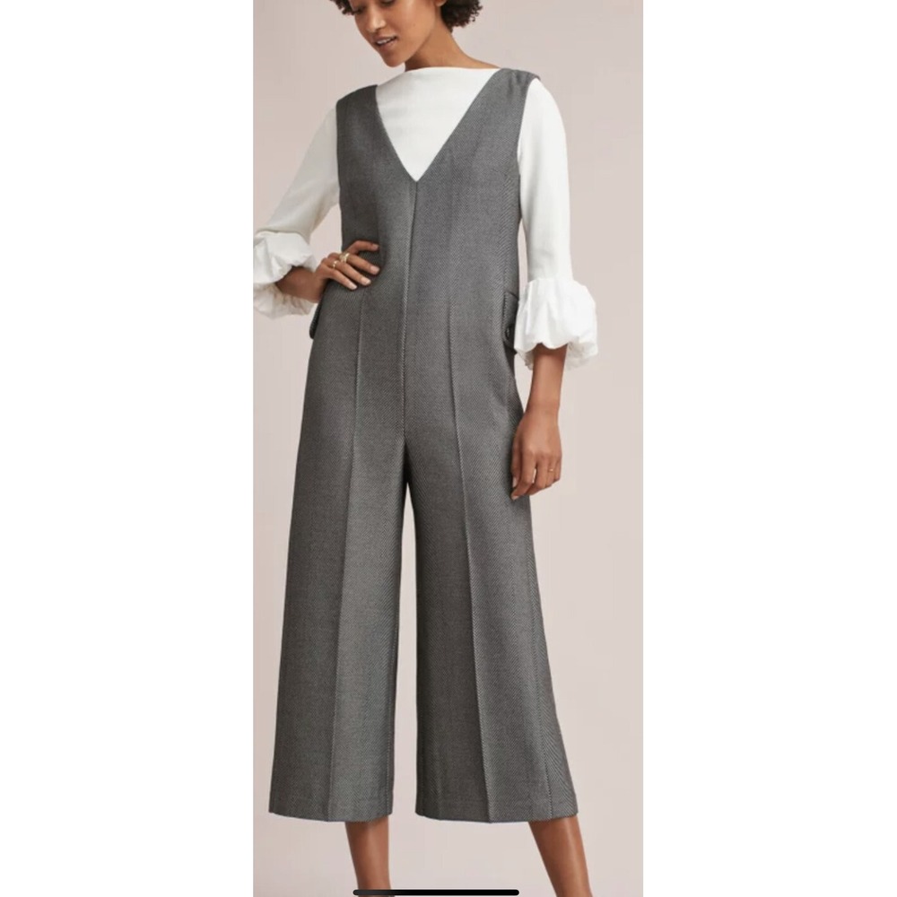 Anthropologie Cartonnier Oxford Herringbone Jumpsuit Wide Leg Cropped Gray XS